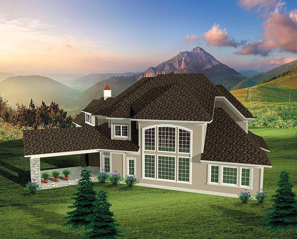 House plan exterior with a carport, gables, dormers, and large multi-pane windows.