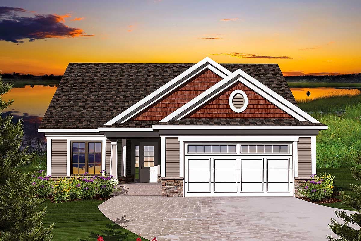 House plan exterior with a Modern Farmhouse style, single story, featuring a covered entry, shingle-accented gables, and a three-car garage.