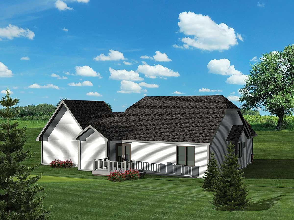 House plan exterior: One-story modern farmhouse with multiple gables, white siding, and a wraparound deck.