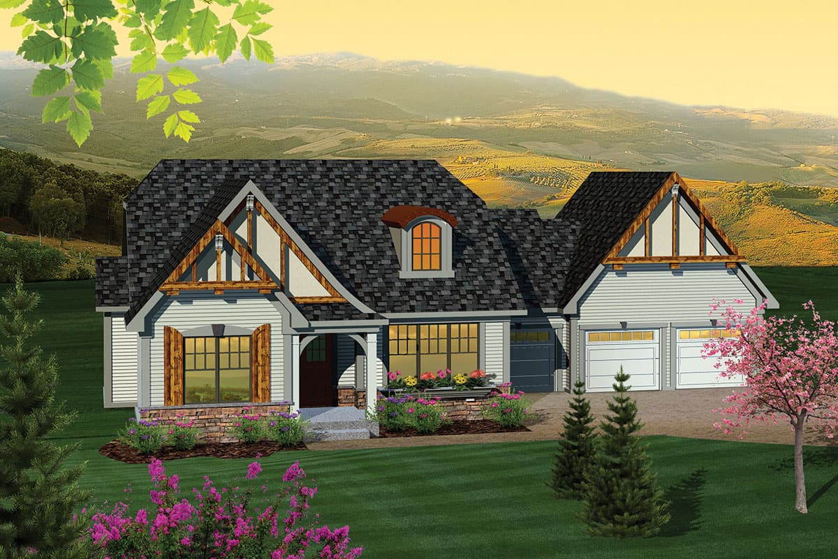 House plan exterior: Two-story, Modern Farmhouse style with prominent gables, dormer, and three-car garage.