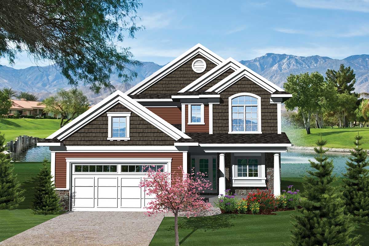 House plan exterior: Two-story home with prominent gables, arched window, dormer, and attached garage.