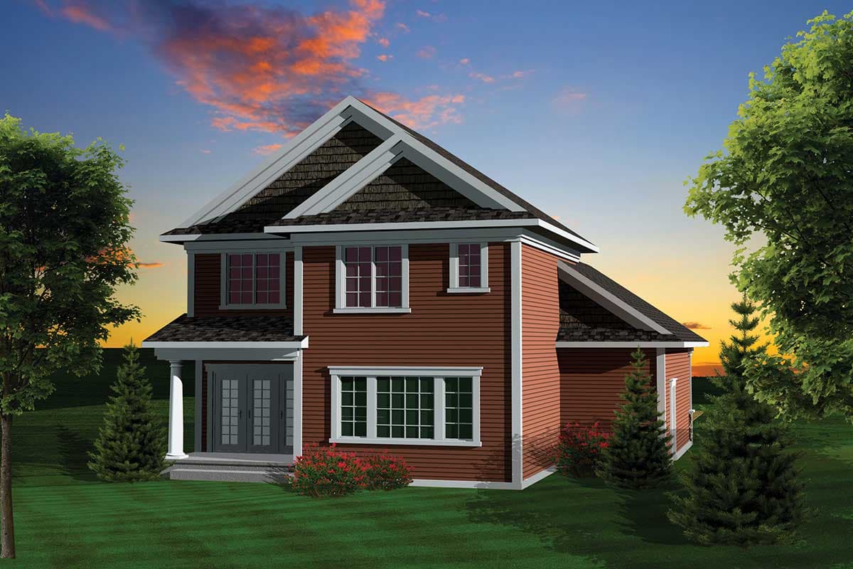 Two-story house plan exterior with a covered front entrance, double doors, and multiple gables.