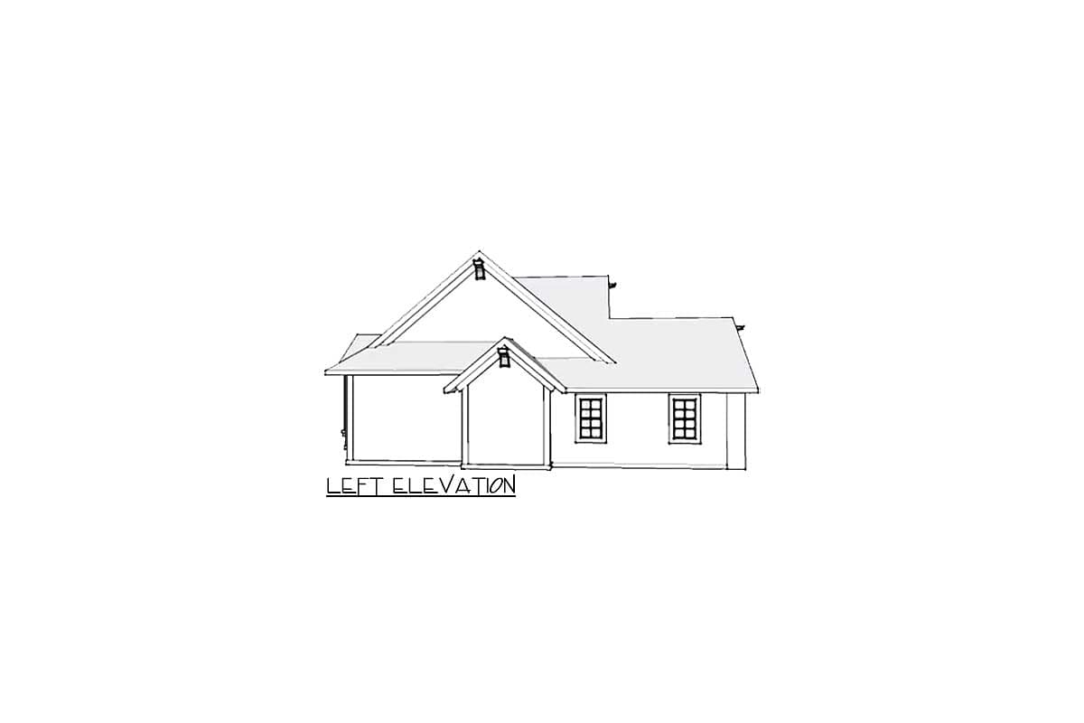 Left elevation drawing of a one-story house plan with a covered porch, gabled roof, and two windows.