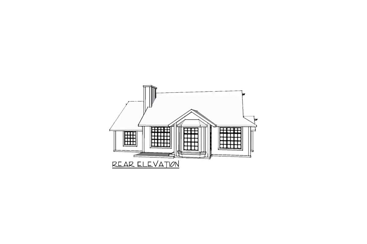 Rear elevation house plan showing a bay window, chimney, and multiple pane windows.