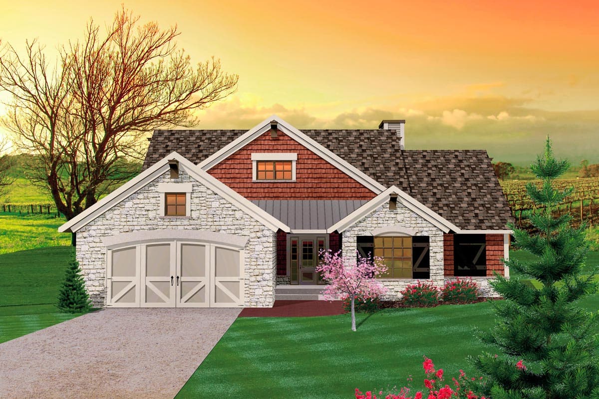 House plan exterior: One-story modern farmhouse with stone and shingle siding, gabled dormers, and a two-car side-entry garage.