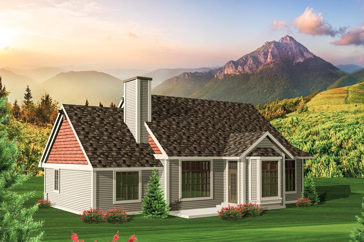 House plan exterior: Single-story home with a prominent chimney, gabled front, and covered entry with multiple windows.