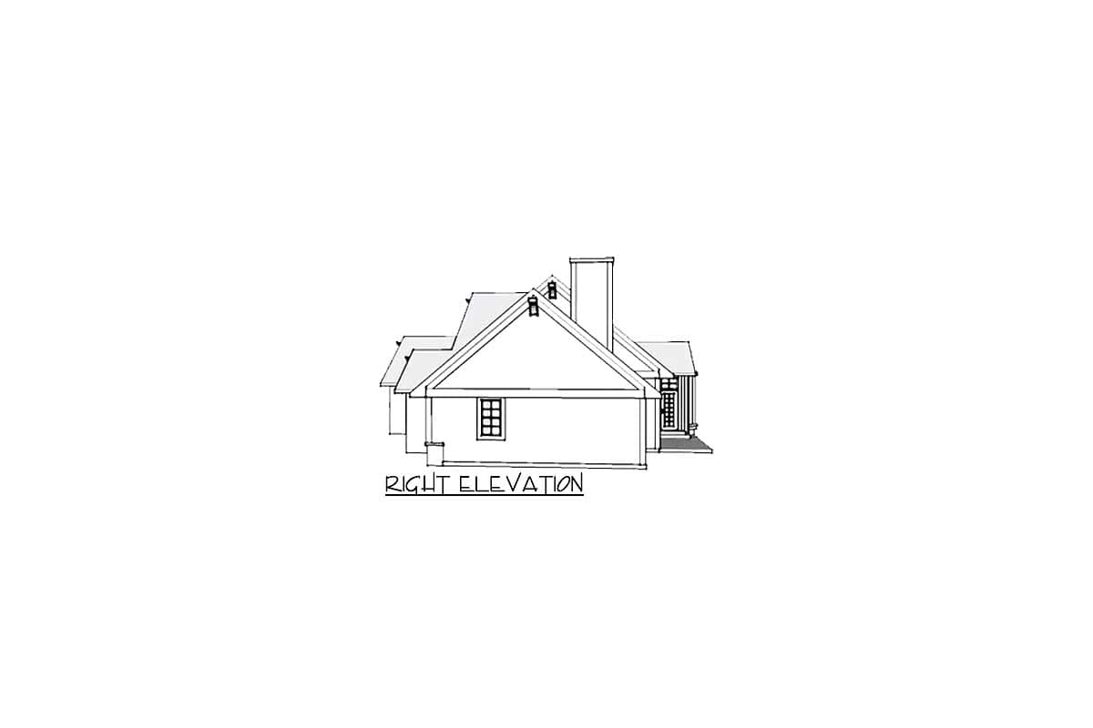 Right elevation drawing of a house plan with a prominent gable, chimney, and covered entrance.