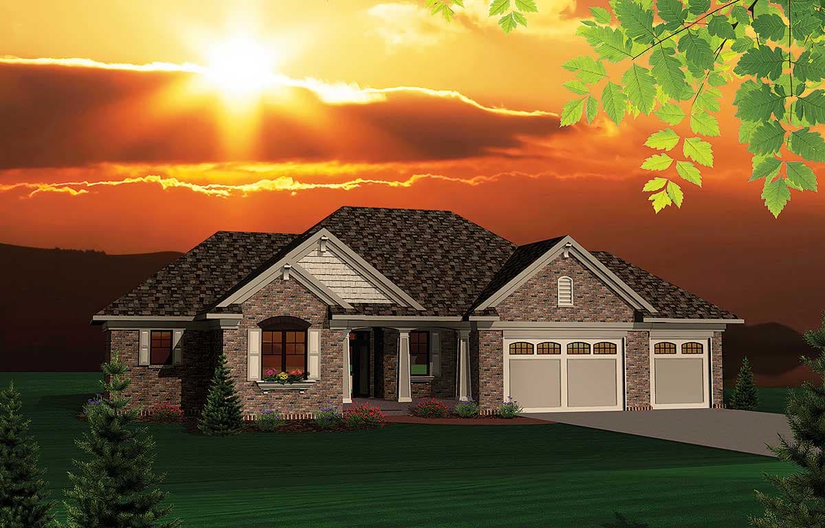 House plan exterior: One-story brick home with a covered porch, multiple gables, and a three-car garage.