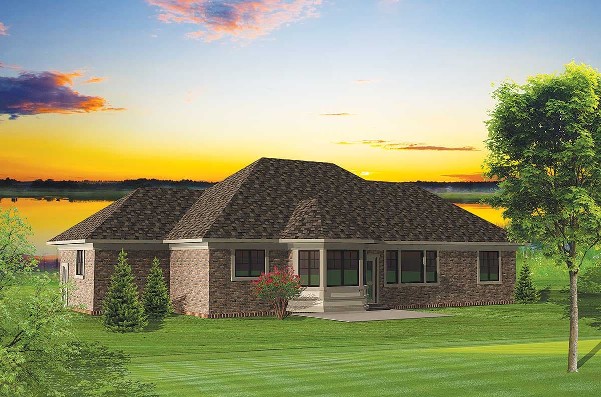 House plan exterior, single-story brick home with a hip roof, multiple gables, and a covered porch.