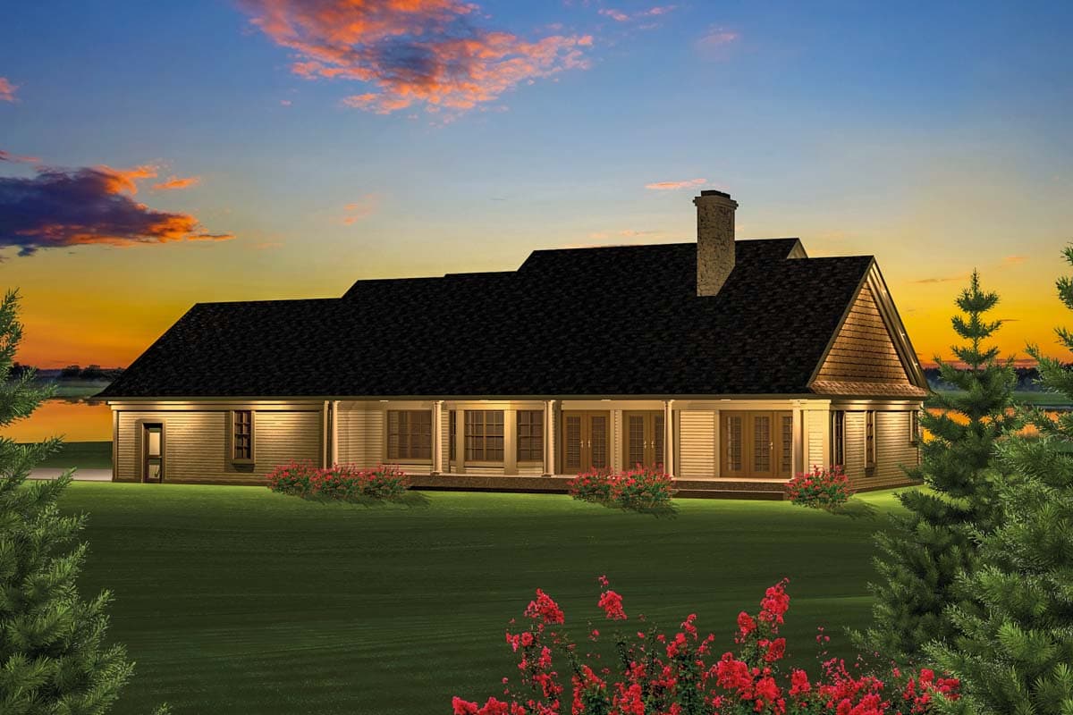 House plan exterior: Ranch style, single story with covered porch, multiple French doors, and a prominent chimney.