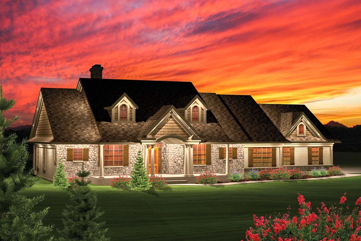 House plan exterior: single-story ranch with stone facade, multiple gables, dormers, and covered front porch with columns.