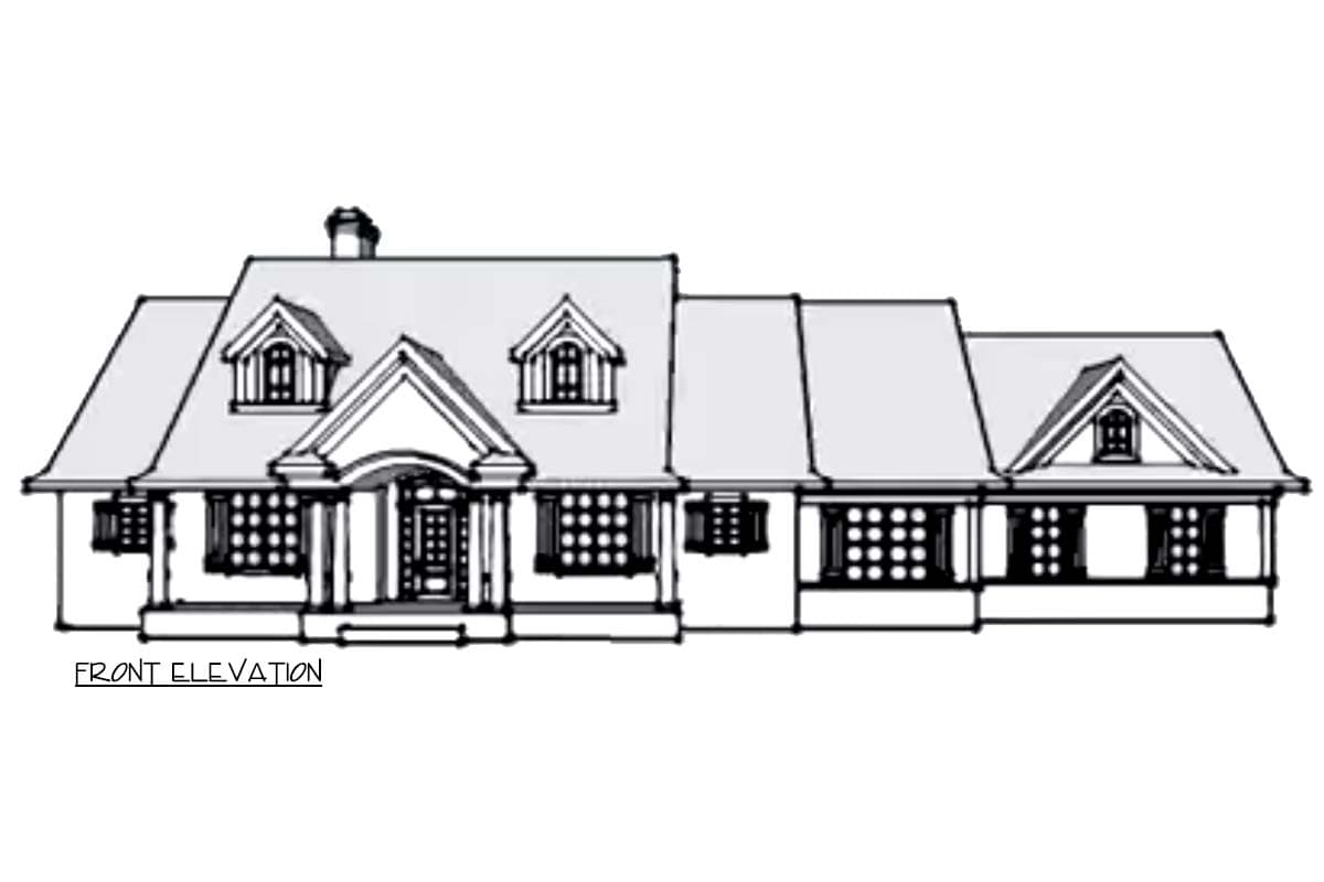 Front elevation drawing of a house with a prominent central entrance, dormers, and a wrap-around porch.