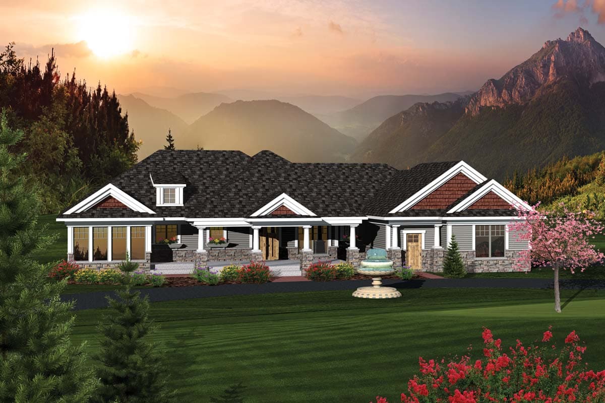 House plan exterior: Single-story home with a covered front porch, stone accents, gables, and dormer.