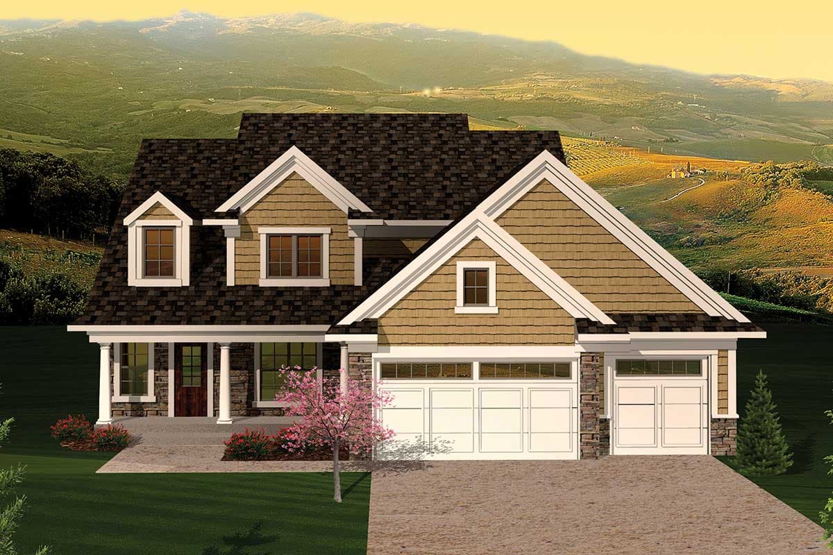 House plan exterior: Two-story Craftsman style with covered porch, dormer windows, and a three-car garage.
