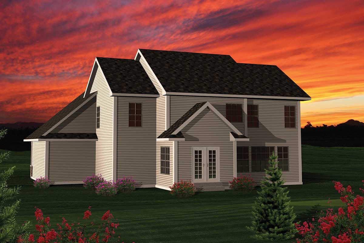 House plan exterior: Two-story home with vinyl siding, a gabled entrance, double doors, and varied rooflines against a dramatic sky.