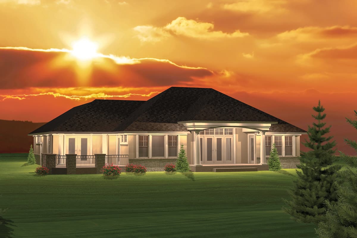 One-story ranch house plan exterior with a covered entry porch supported by columns, a wraparound porch, and dormer windows.