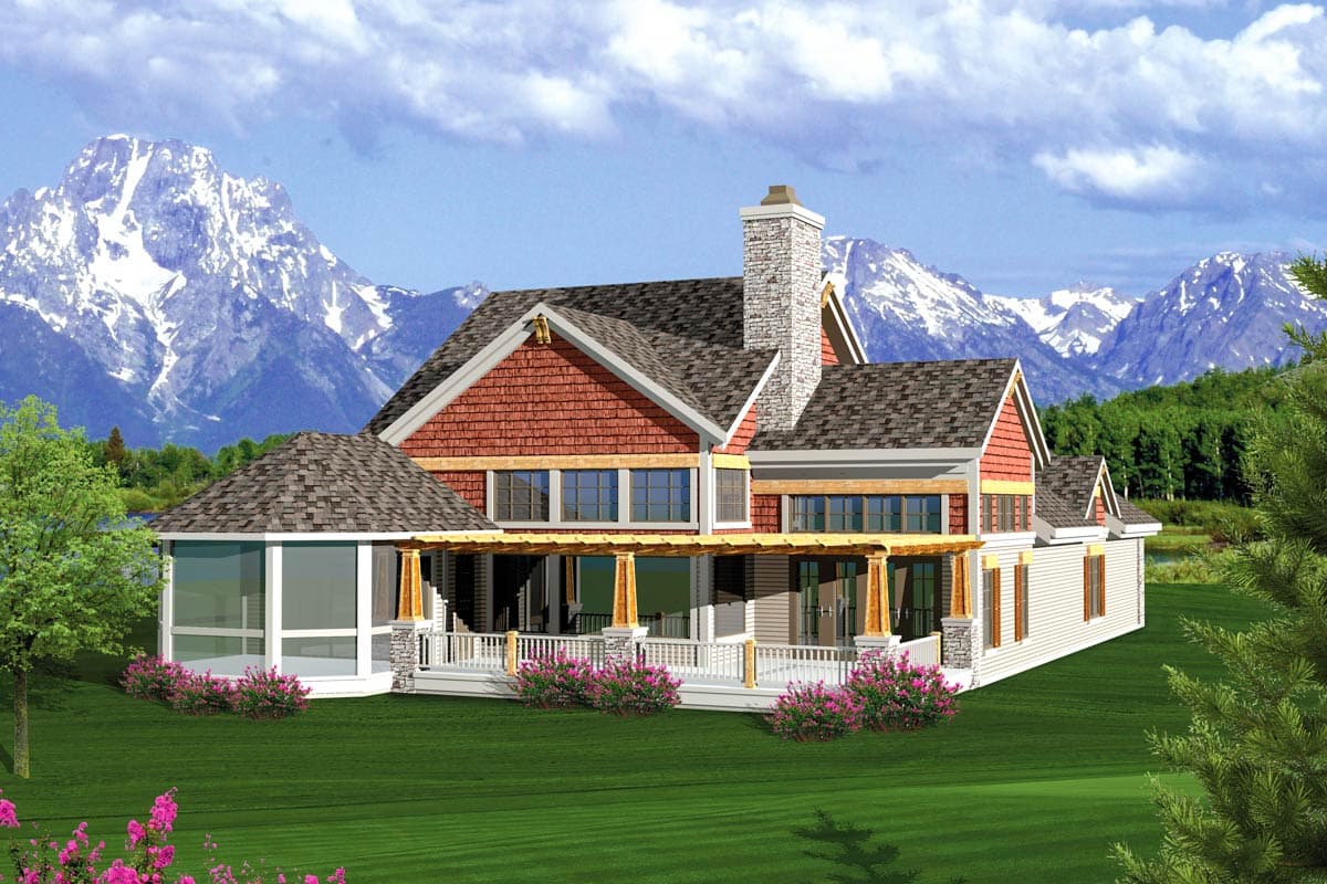 House plan exterior: Two-story home with a stone chimney, shingle siding, wraparound porch, and screened-in sunroom.