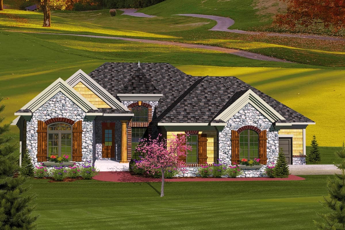 House plan exterior. Stone and shingle facade, multiple gables, arched windows with shutters, and covered entry porch.