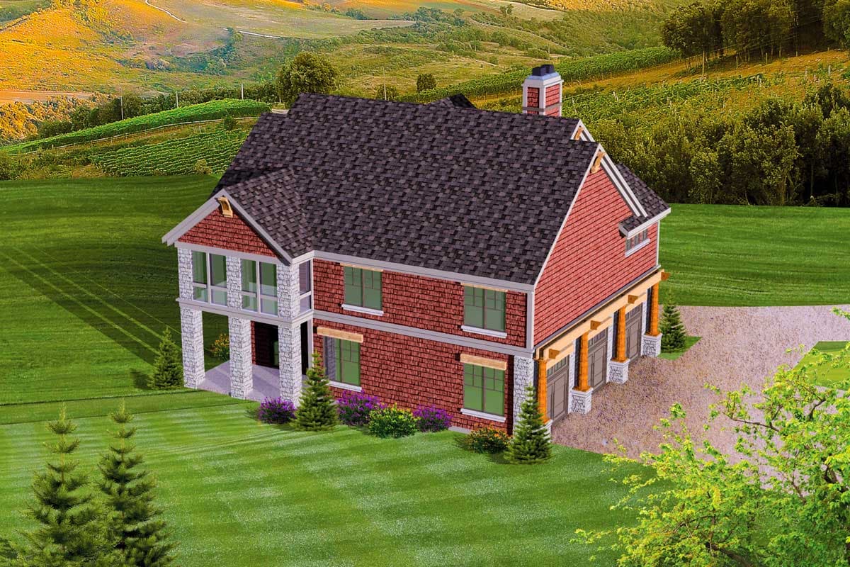 House plan exterior: Two-story dwelling with stone accents, gabled roof, covered porch, and attached three-car garage.