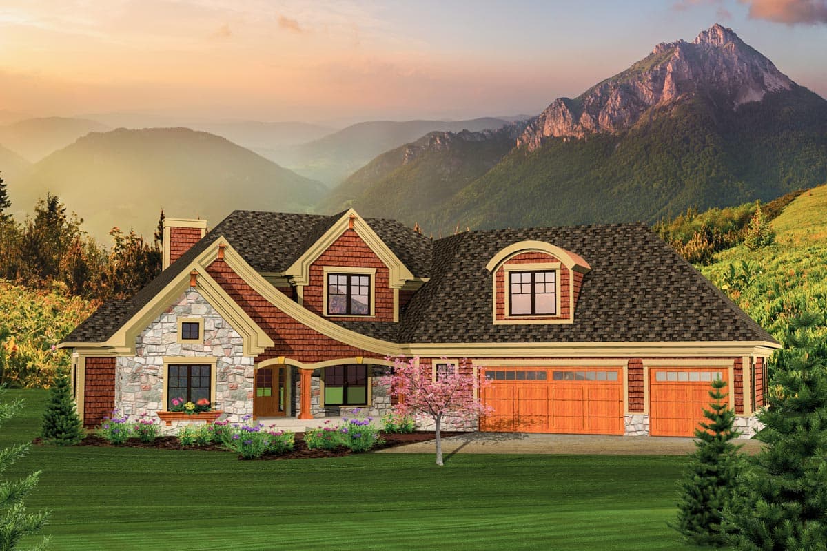 House plan exterior of a two-story home with stone accents, covered entry, multiple gables, and a three-car garage.