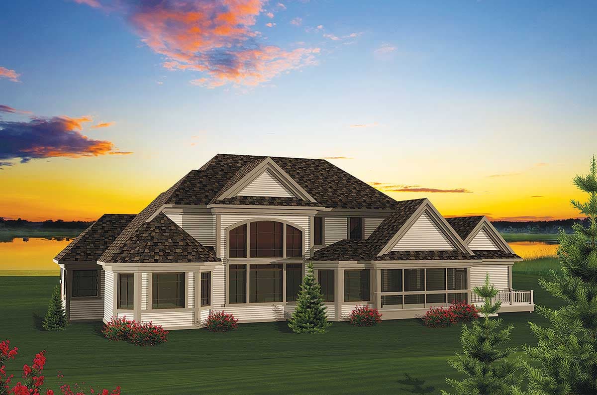 House plan exterior, two stories, with prominent gables, bay windows, and a screened porch.