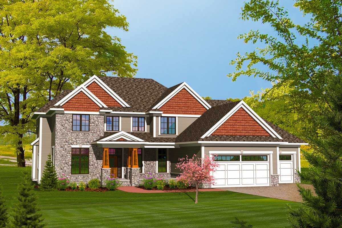 Two-story house plan exterior with stone and shingle accents, prominent gables, and a three-car garage.