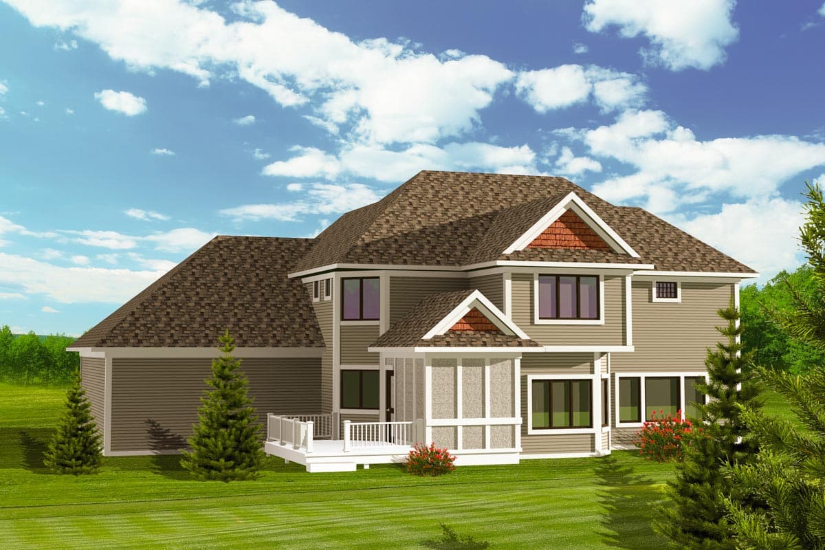 House plan exterior: Two-story home with gabled dormers, screened porch, white deck, and attached garage.