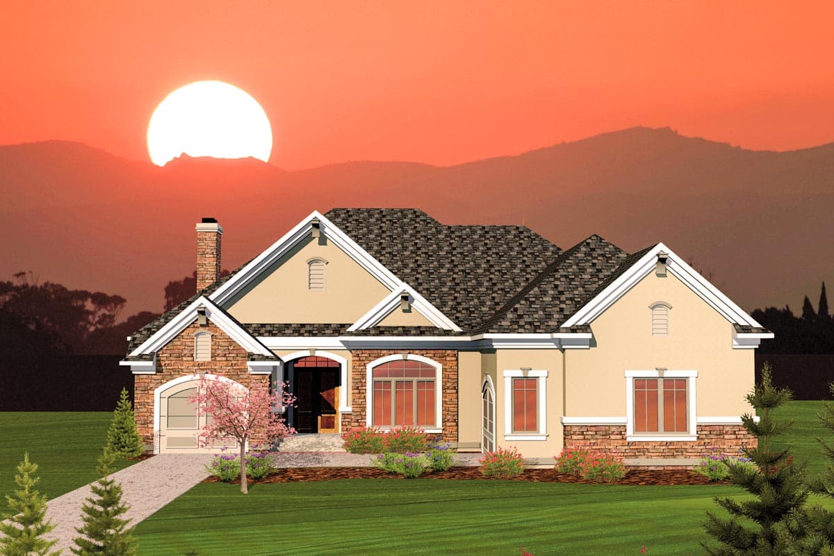 House plan exterior: Ranch-style home with stone accents, arched windows, gabled dormers, covered entry, and side-facing garage.