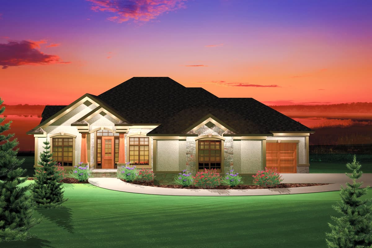 House plan exterior: One-story home with gabled roof, stone accents, covered entry with columns, and attached two-car garage.