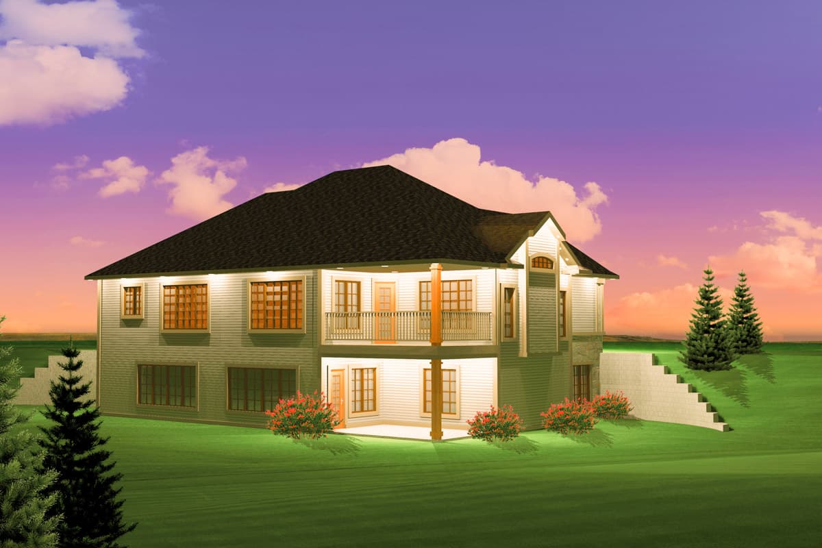 House plan exterior: Two-story home with covered balcony, multiple gables, and segmented window grids.