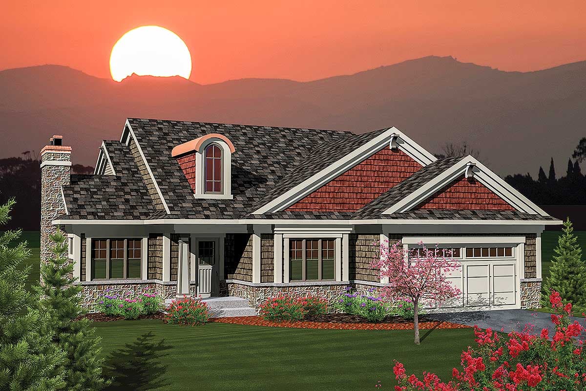 House plan exterior: Craftsman style, one story, stone foundation, multiple gables, arched dormer, covered porch, attached garage.