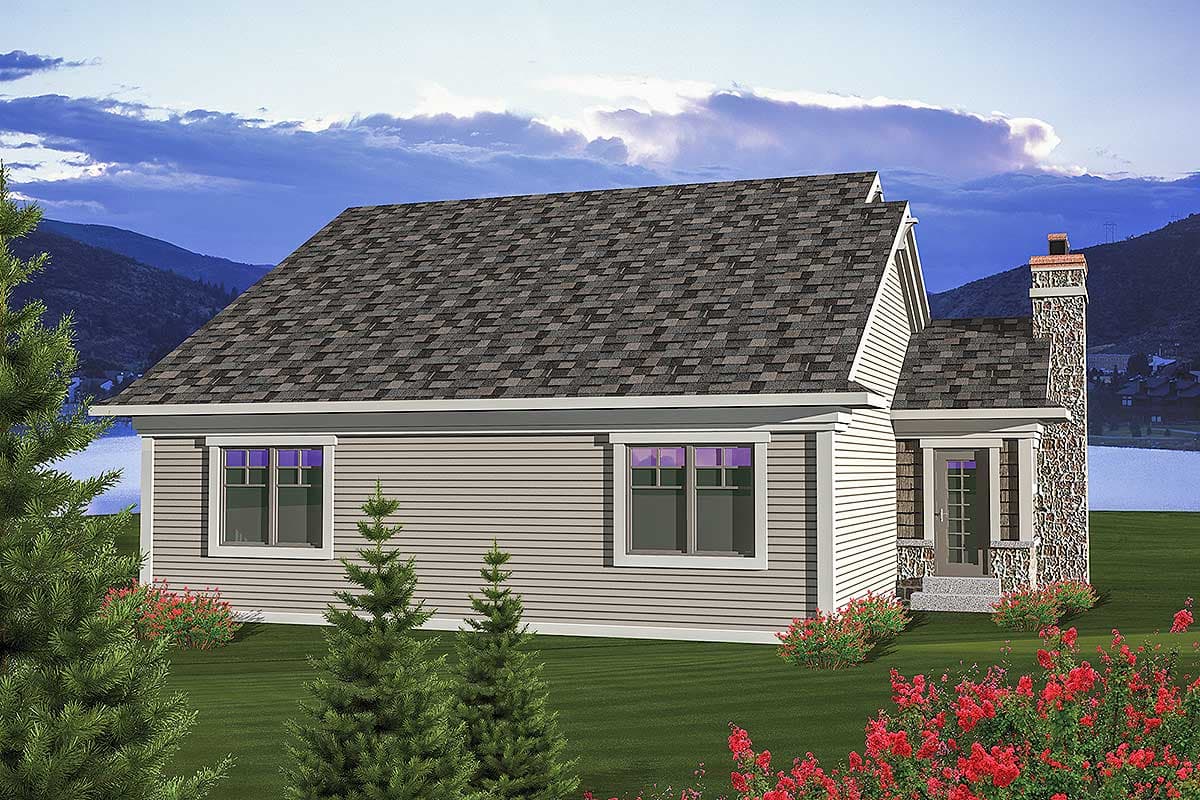 House plan exterior: Single-story home with horizontal siding, prominent stone chimney, gabled roof, and front porch.