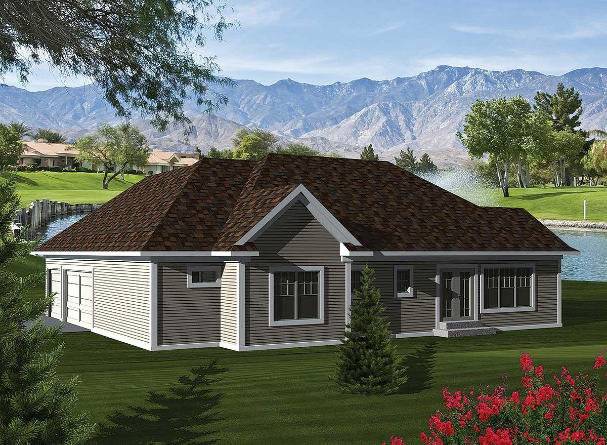 House plan exterior of a one-story home with a prominent gable, side-entry garage, and ample windows.