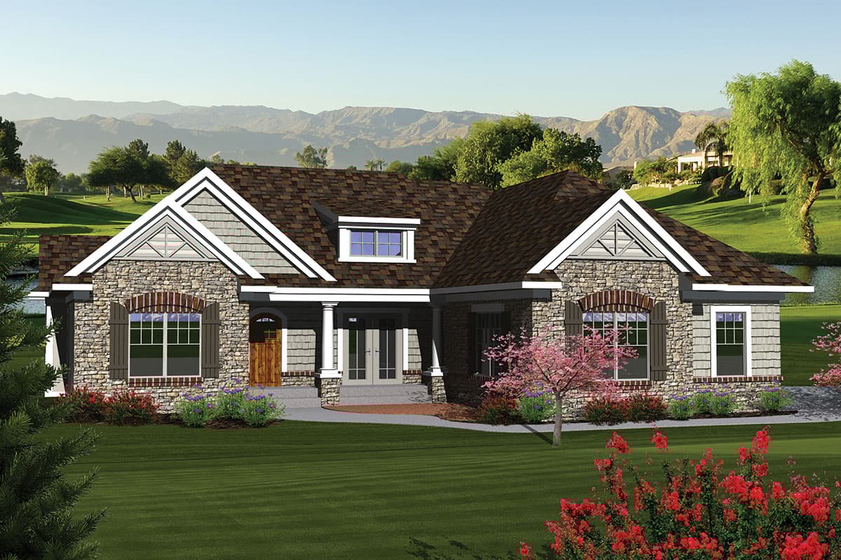 House plan exterior with stone and shingle siding, arched window openings, dormer, and covered entry.