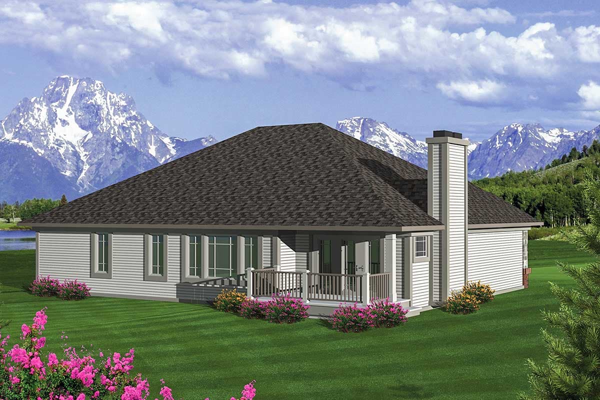 House plan exterior of a single-story home with a hip roof, covered porch, and prominent chimney.