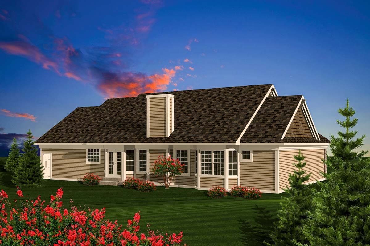 House plan exterior, single story, beige siding, gable roof, dormer, covered porch.