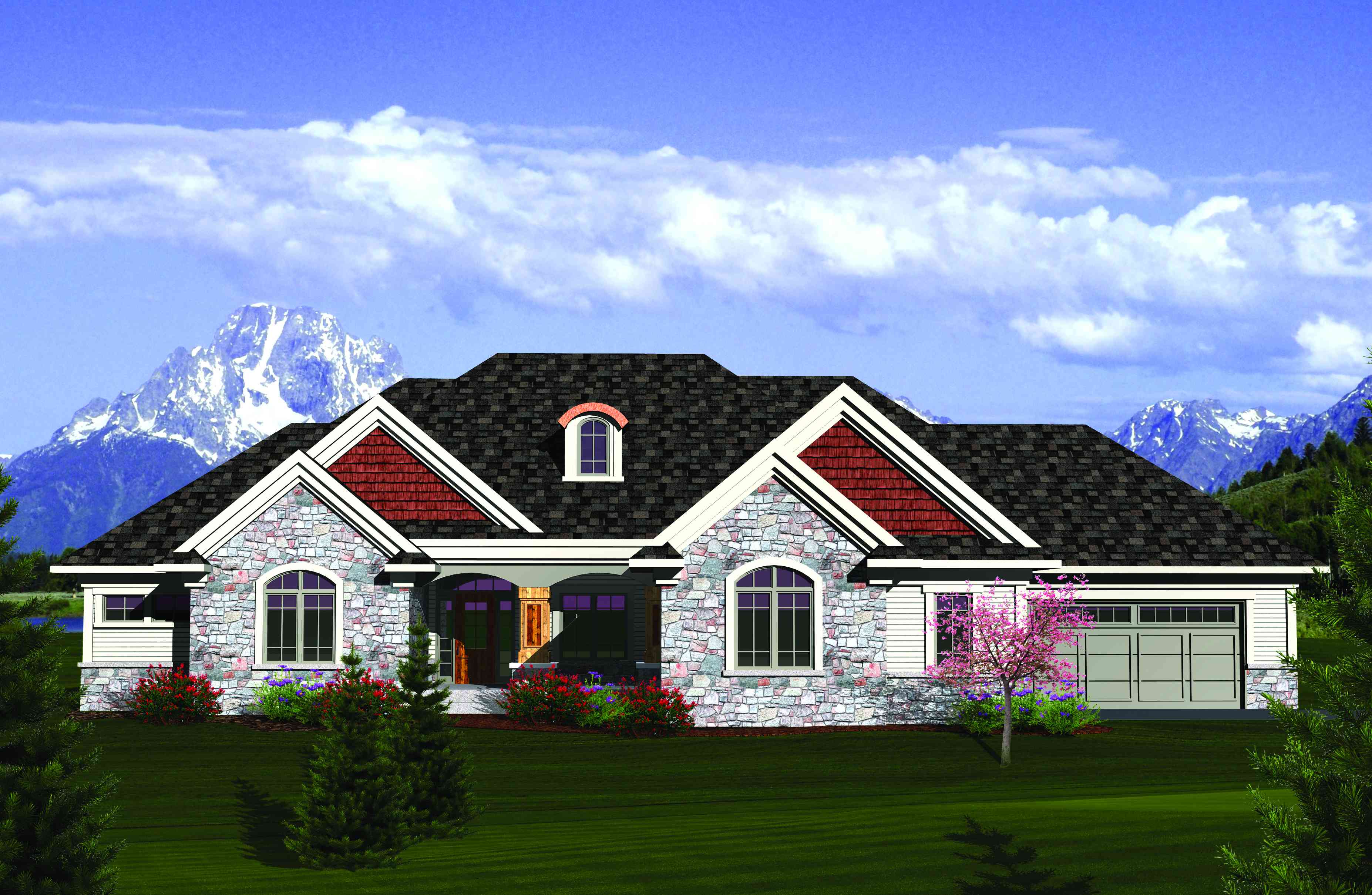House plan exterior with stone and shingle siding, arched windows, covered porch, dormer window, and attached garage.