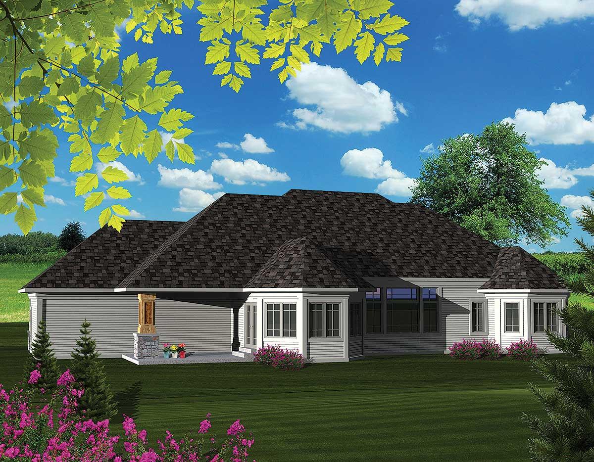 House plan exterior rendering. Single-story home with multiple gables, bay windows, and a covered patio with stone pillar.