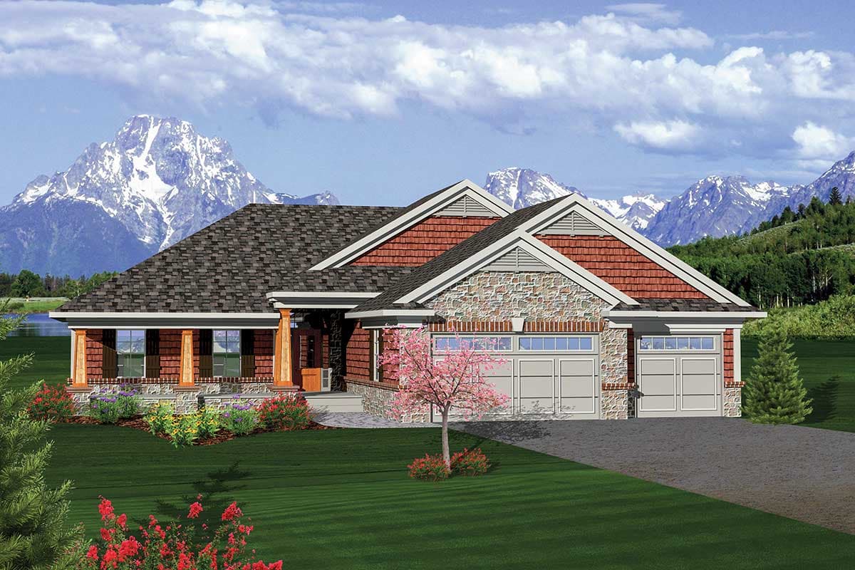 House plan exterior: Single-story Modern Farmhouse with prominent front porch, stone accents, and a three-car garage.