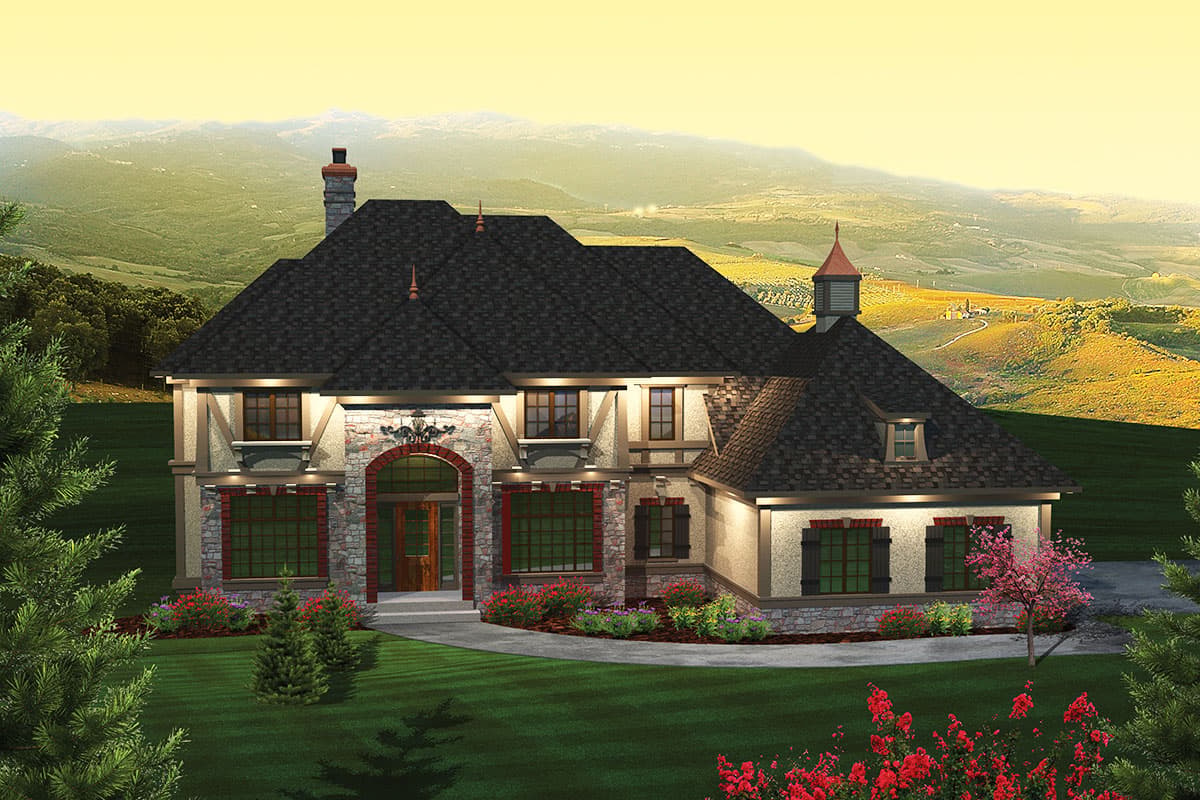 House plan exterior featuring a stone facade, arched entryway, prominent chimney, and multi-level rooflines.