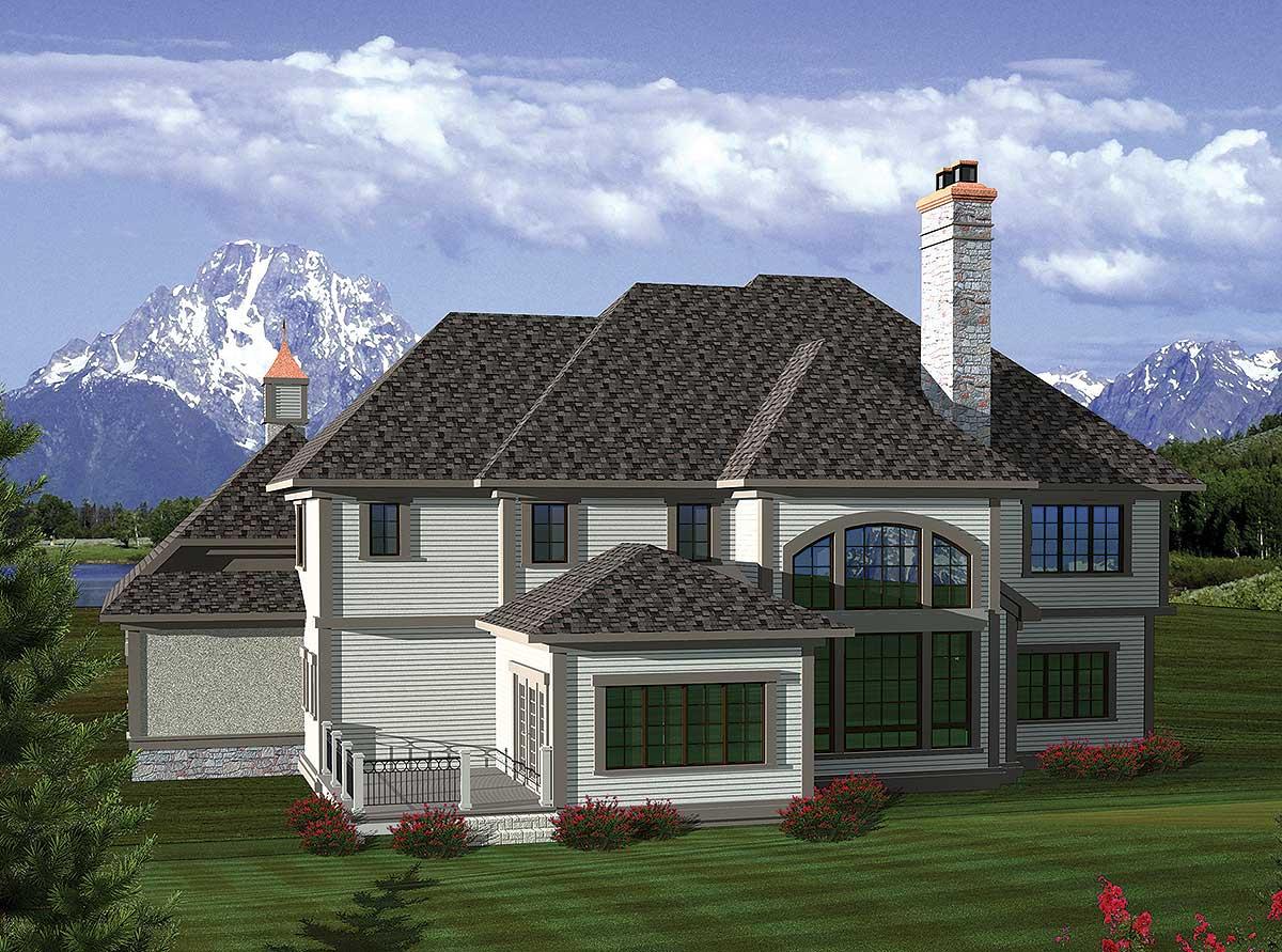 House plan exterior: Two-story home with multiple gables, prominent stone chimney, arched window feature, and covered porch.