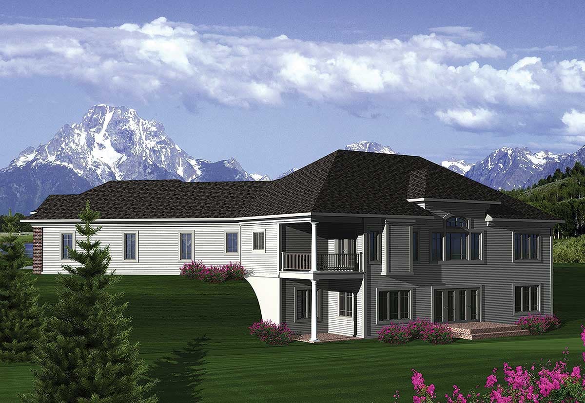 House plan exterior, two-story home with a covered upper balcony, hip roof, and numerous windows.