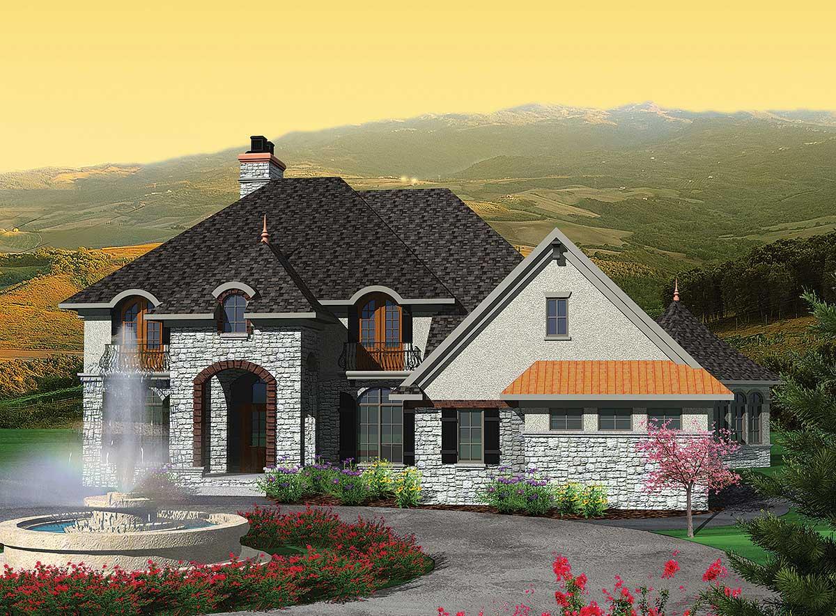 House plan exterior: Stone facade with arched entryway, multiple gables, dormers, balconies, and mansard rooflines.