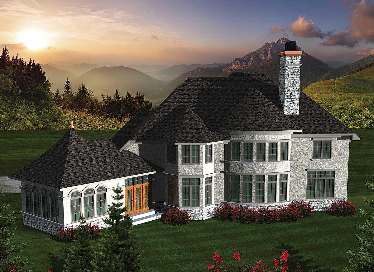 House plan exterior featuring a multi-story structure with bay windows, a stone chimney, and a sunroom with arched windows.