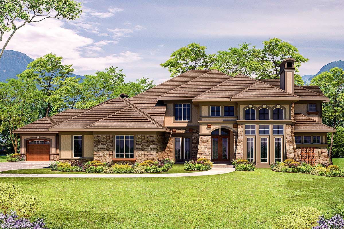 House plan exterior: Two-story residence with stone accents, multi-level rooflines, arched windows, and a side-entry garage.