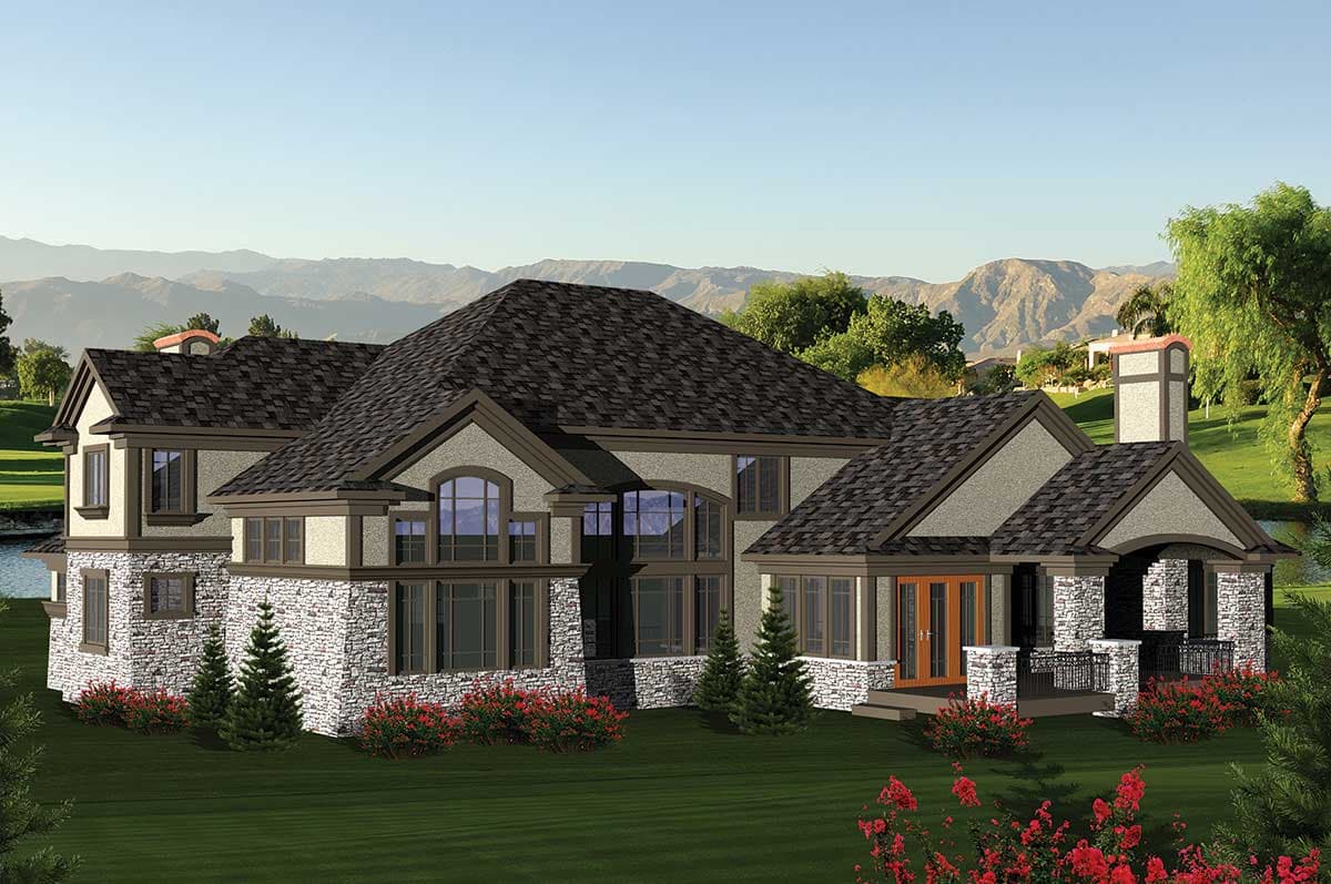 House plan exterior: Two-story home with stone base, multiple gables, arched windows, and covered front porch.