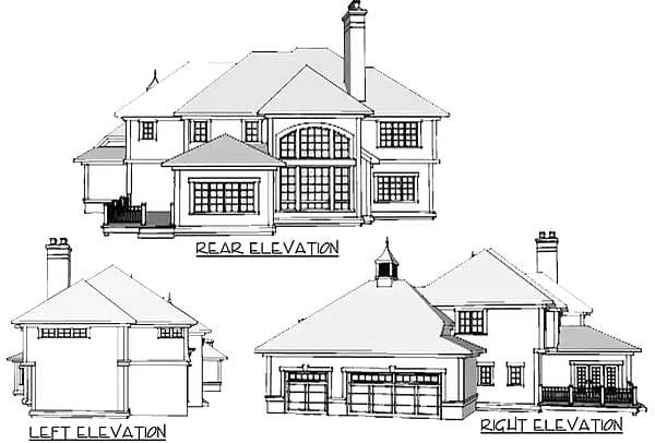 Rear, left, and right elevations of a two-story house plan with a large arched window, dormers, and a three-car garage.