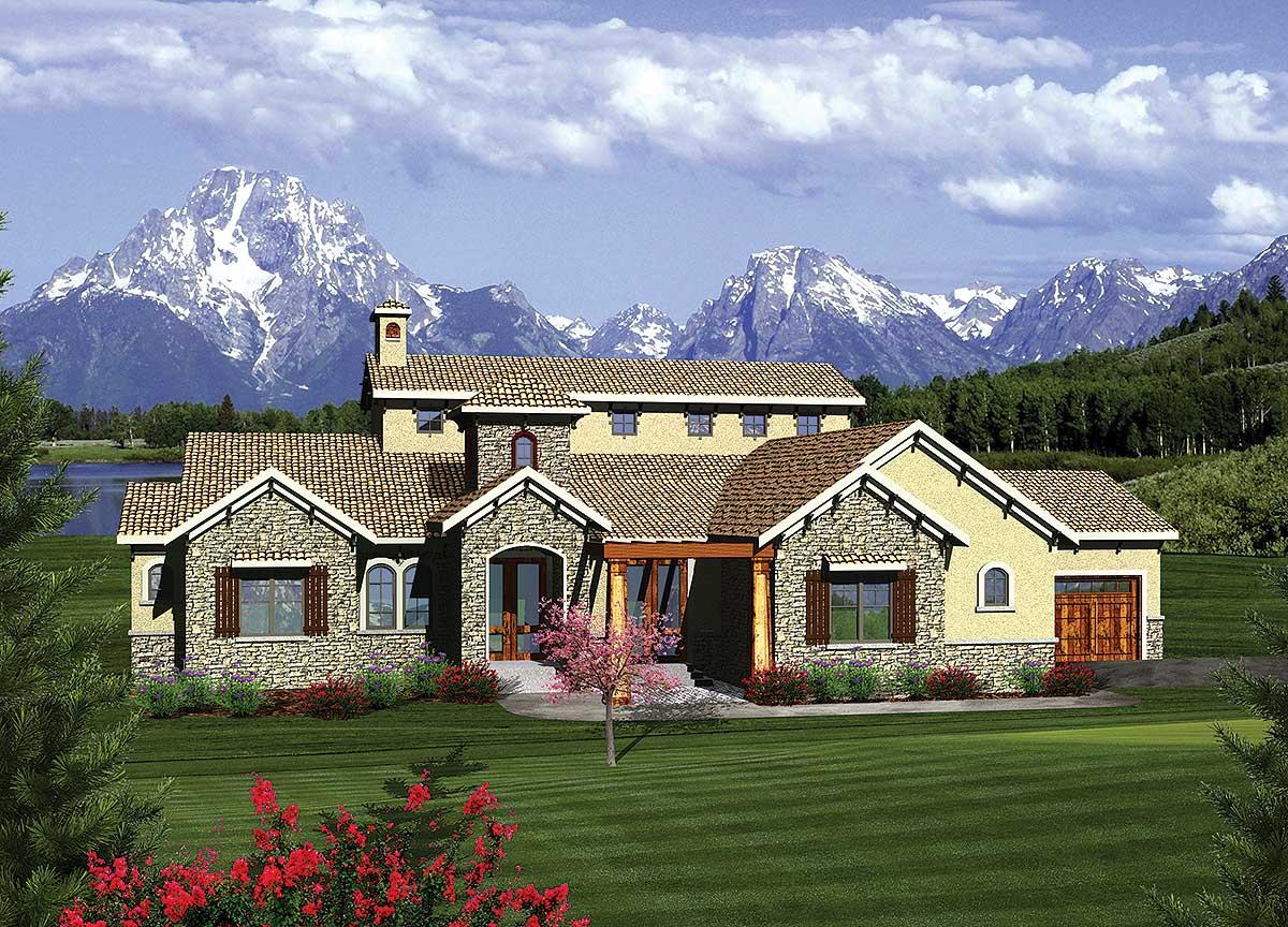 House plan exterior of a two-story home with stone facade, multiple gables, tiled roof, and covered entry.