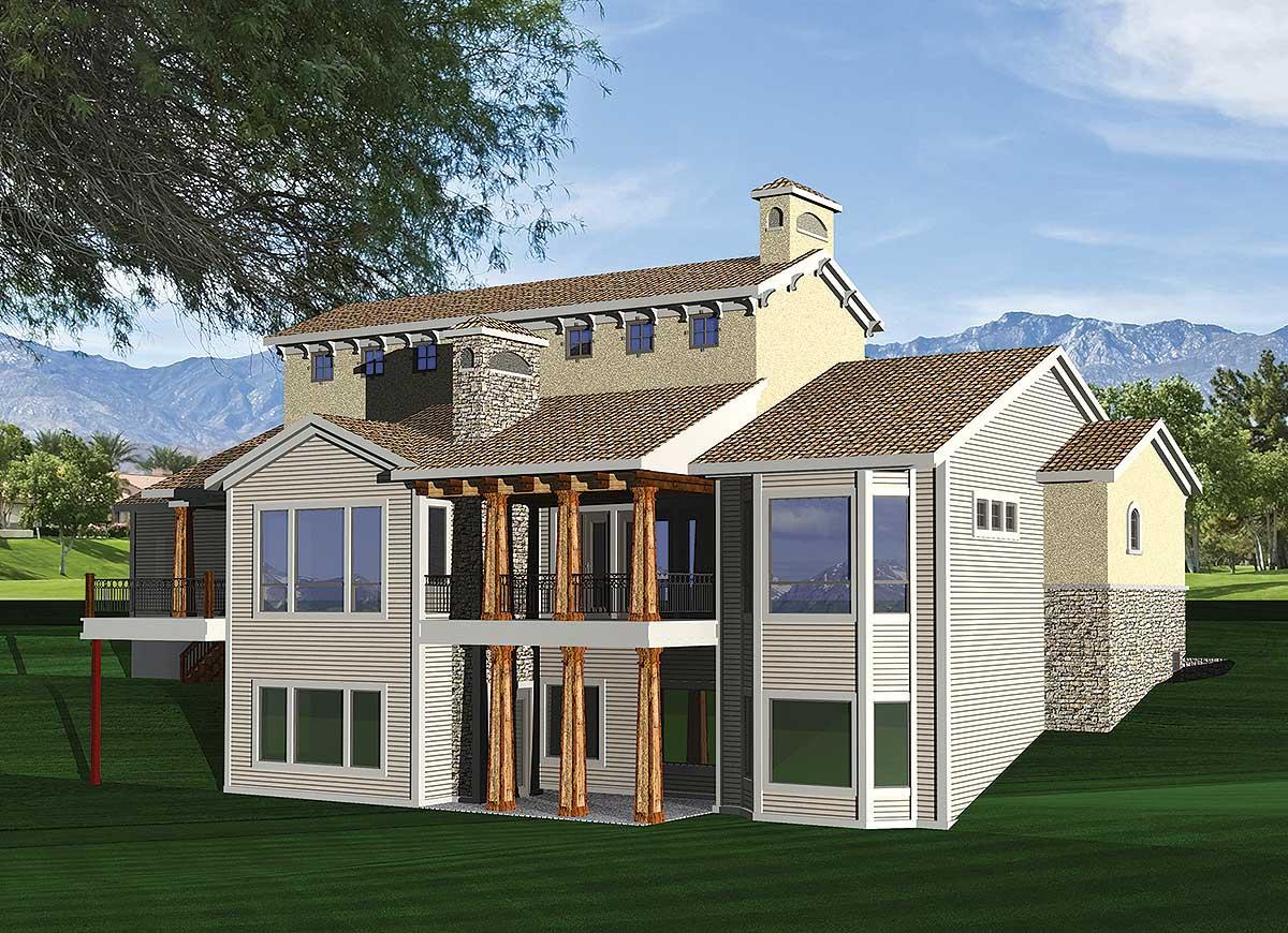 House plan exterior: Multi-story home with stacked stone base, wood columns supporting upper balcony, multiple gables, and a prominent chimney.