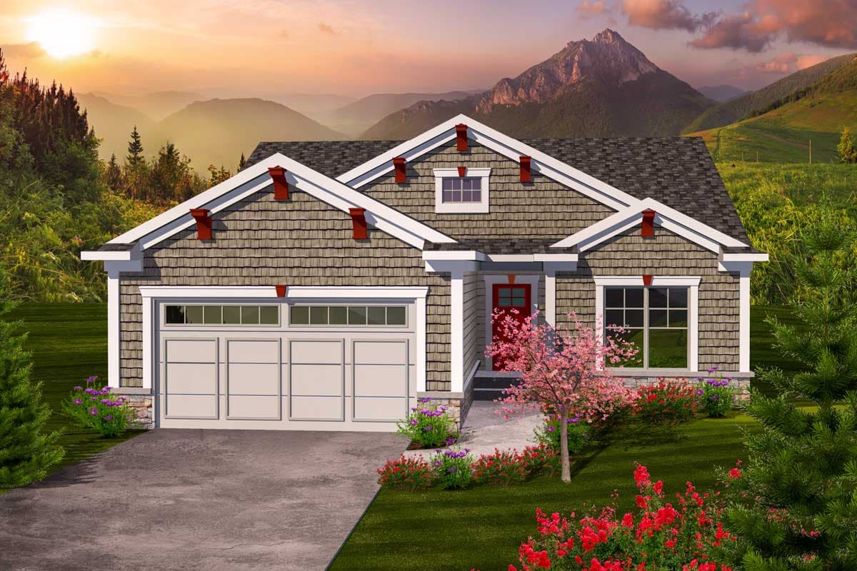 House plan exterior. Craftsman style, one story home with gabled roof, dormers, and attached garage. Red front door and decorative trim.